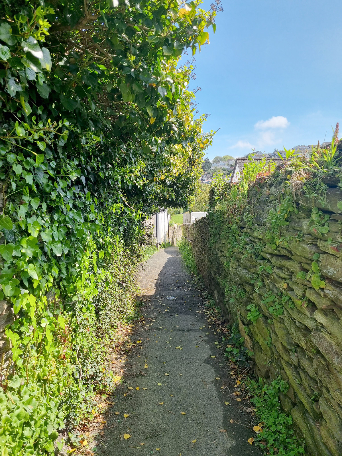 The alleyway and hill leading from the closest public long stay car park to the cottage. The cottage is located off an alleyway which leads down to a park in one direction and the high street in the other direction.