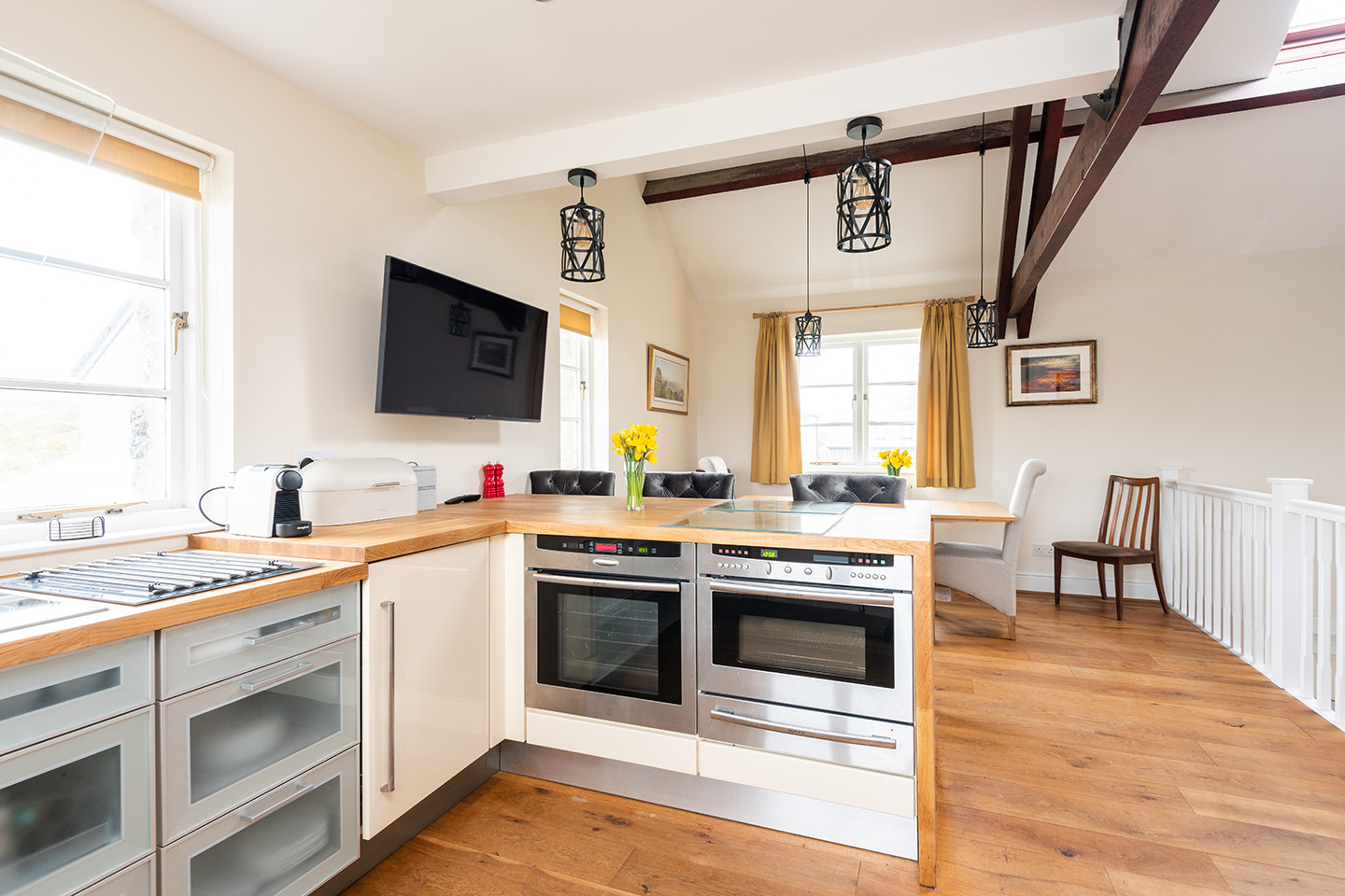 Kitchen through to open plan dining area.