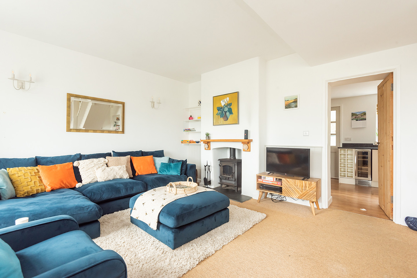 The big sofa, perfect for cosying up by the log burner on wild and windy days