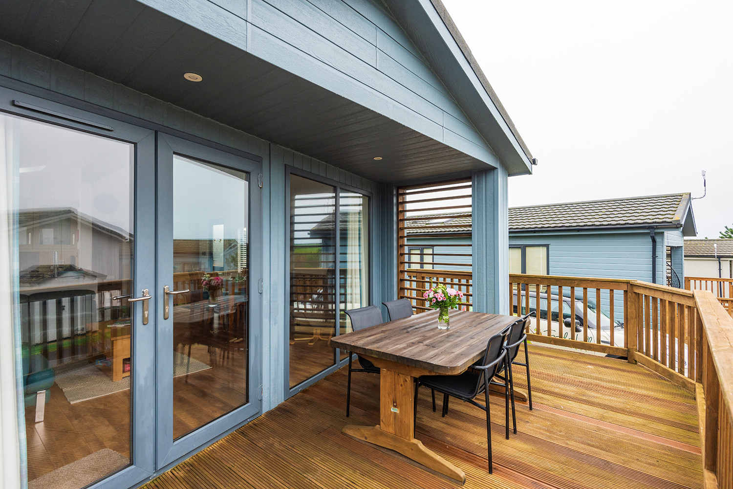 The outside decking with seating.