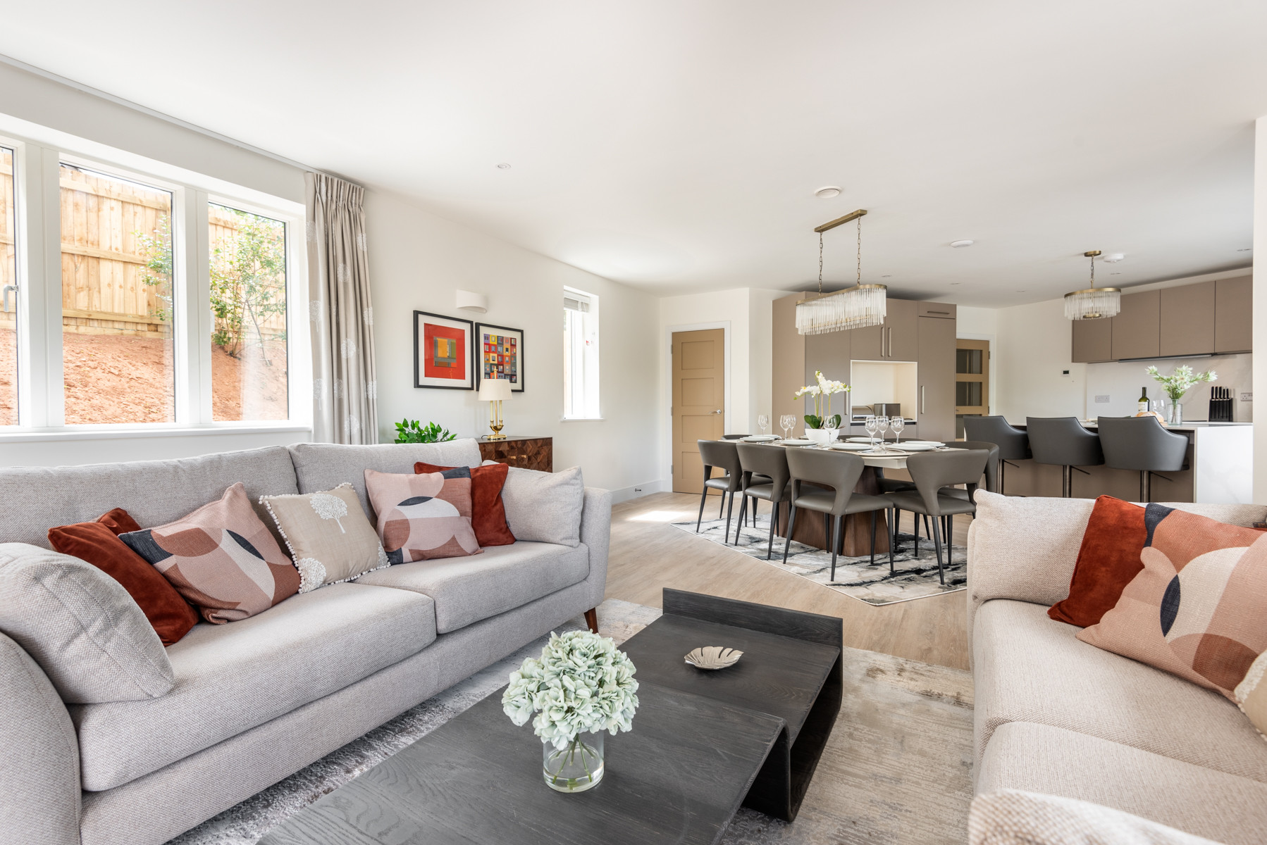 The lounge area in the kitchen diner with estuary views