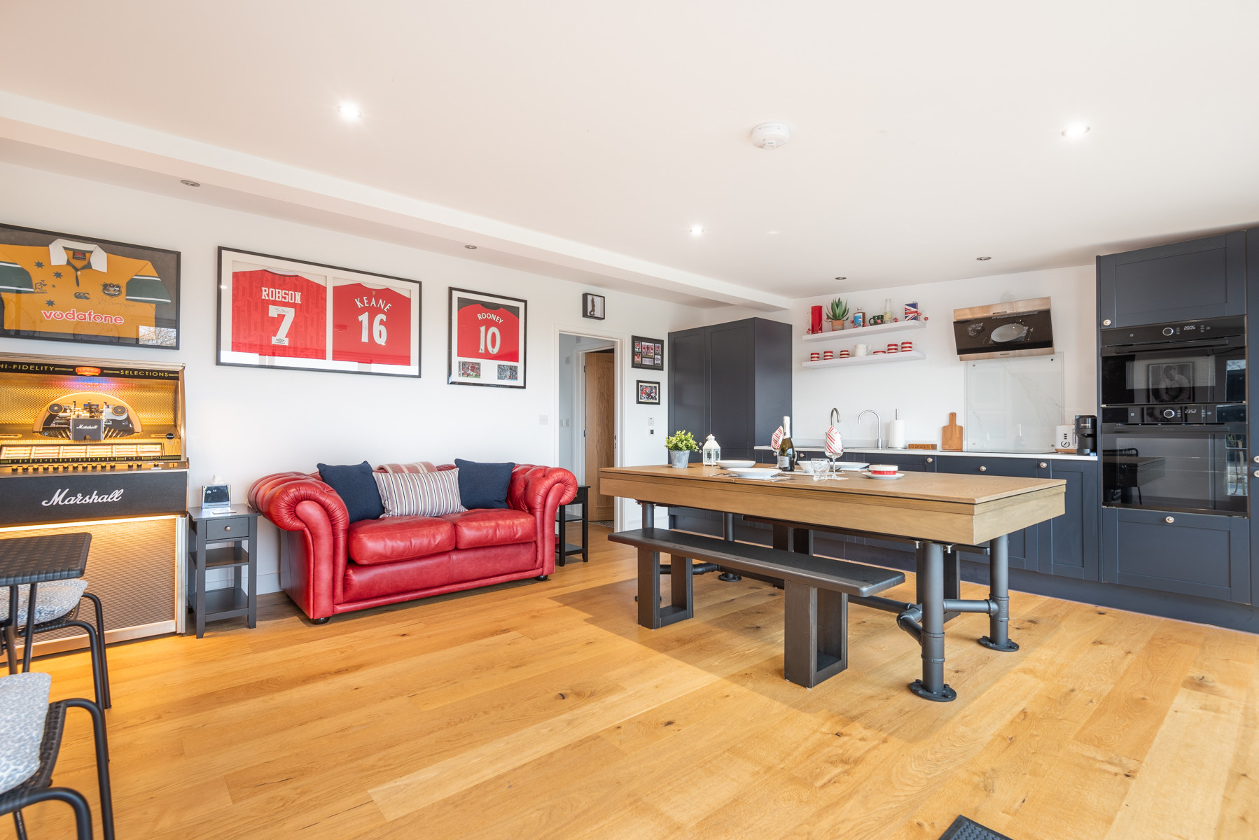 The pool table can also be set up as a dining table if you would prefer