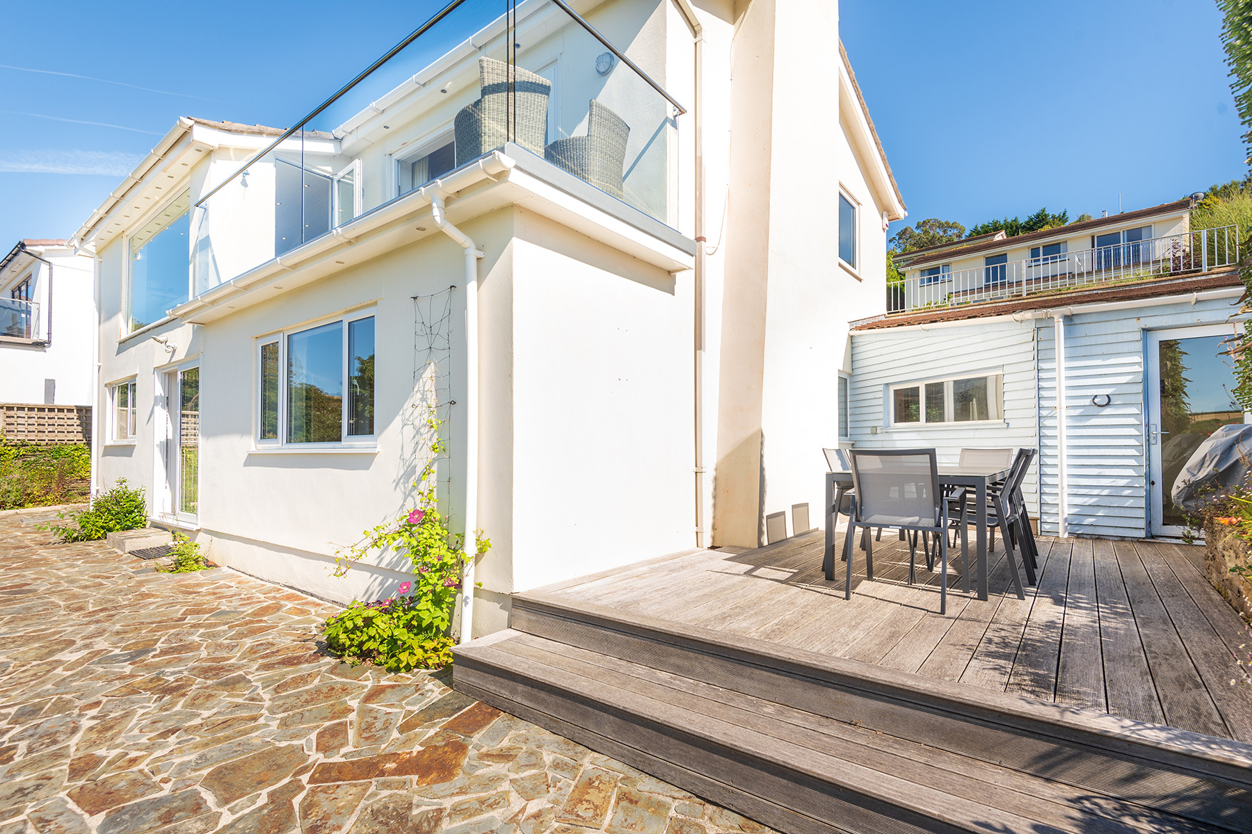 The rear patio and seating area