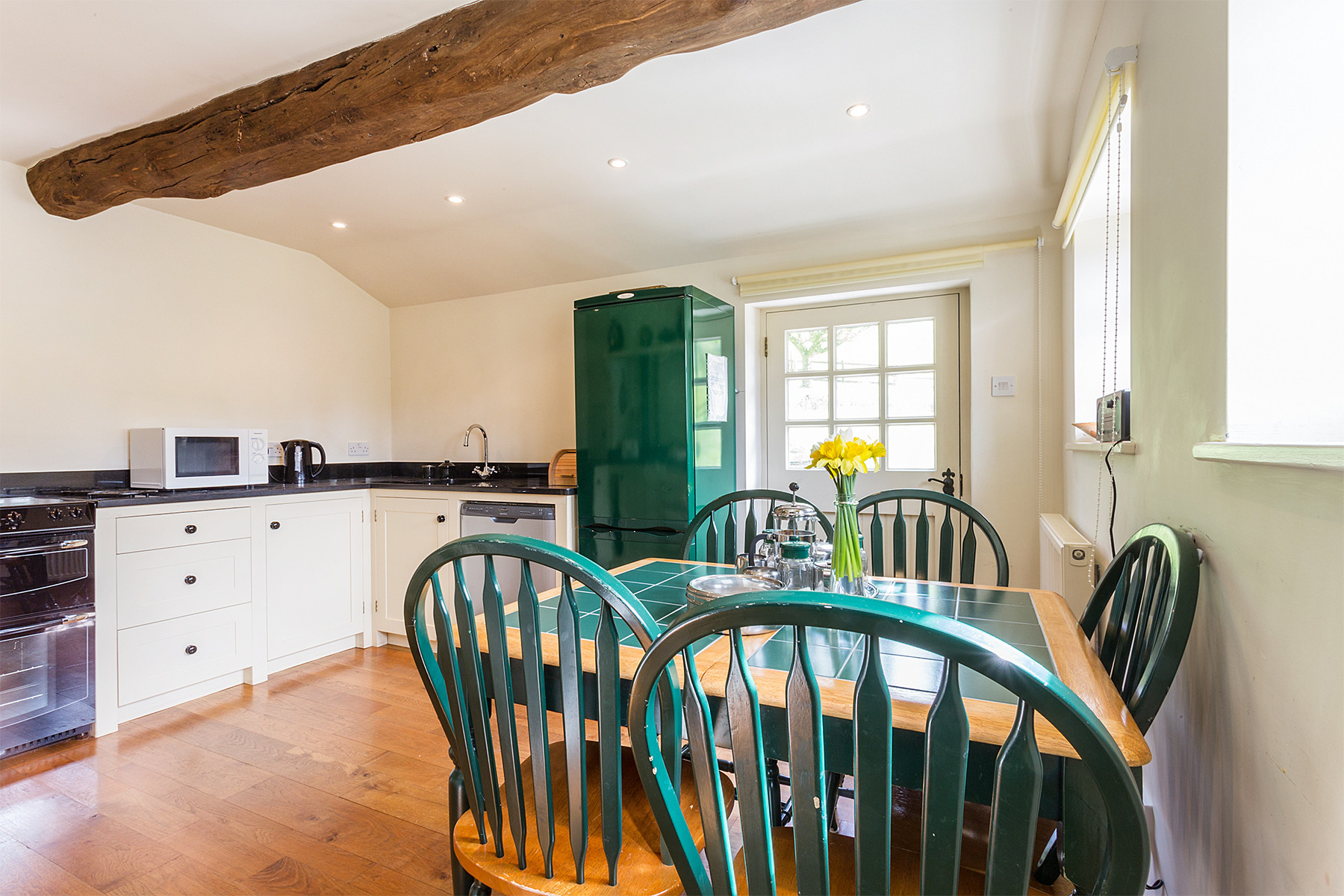 The dining and kitchen area