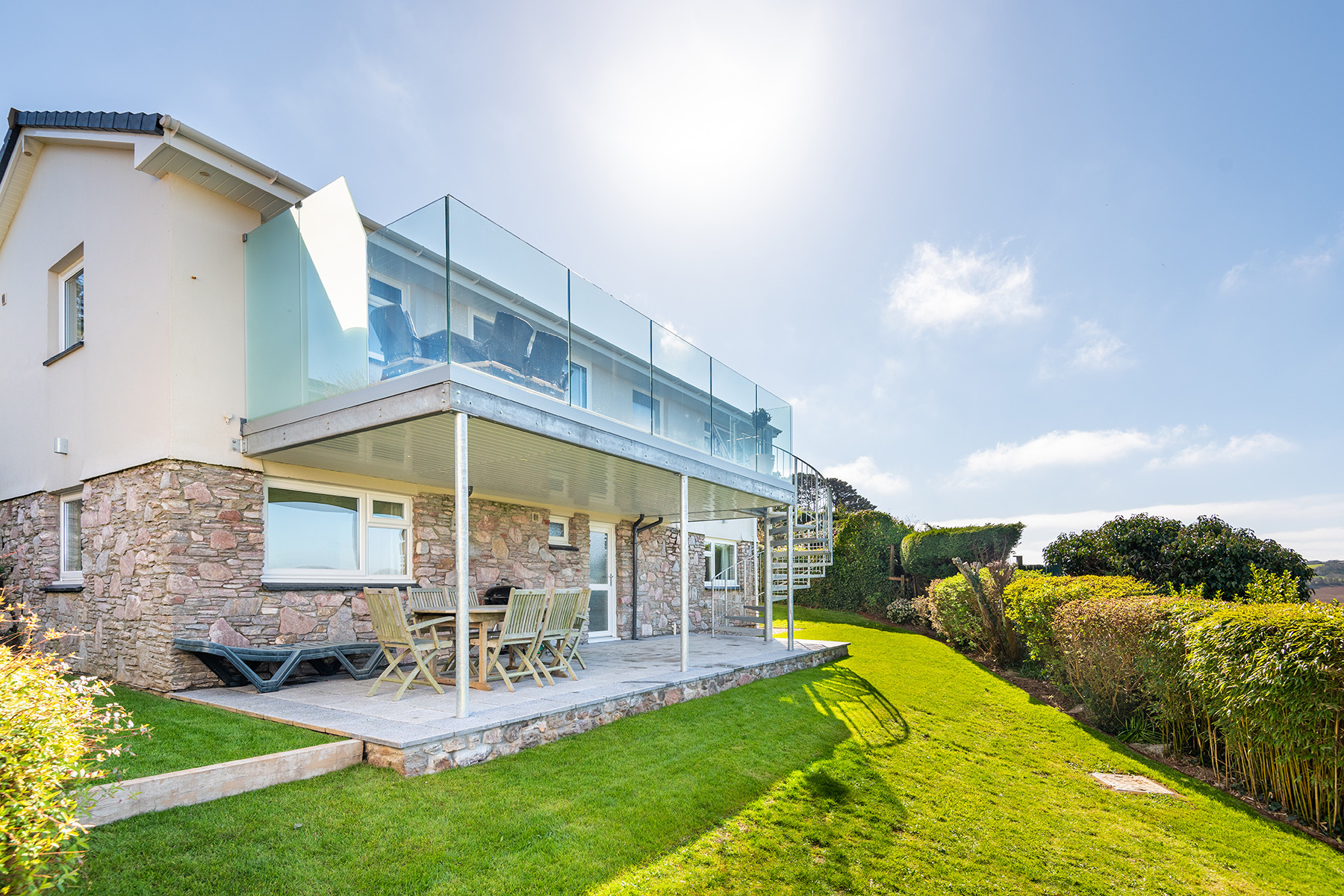 Balcony, ground floor terrace, and gardens