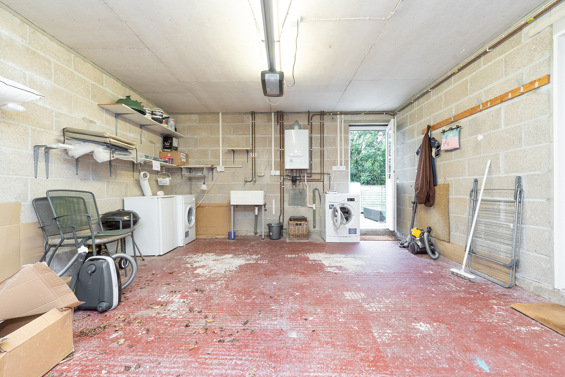 The garage with access to patio