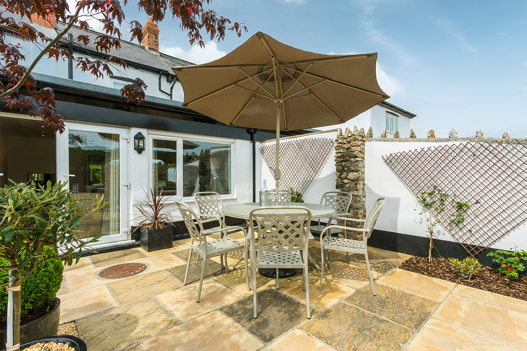 Private patio area with furniture for dining 