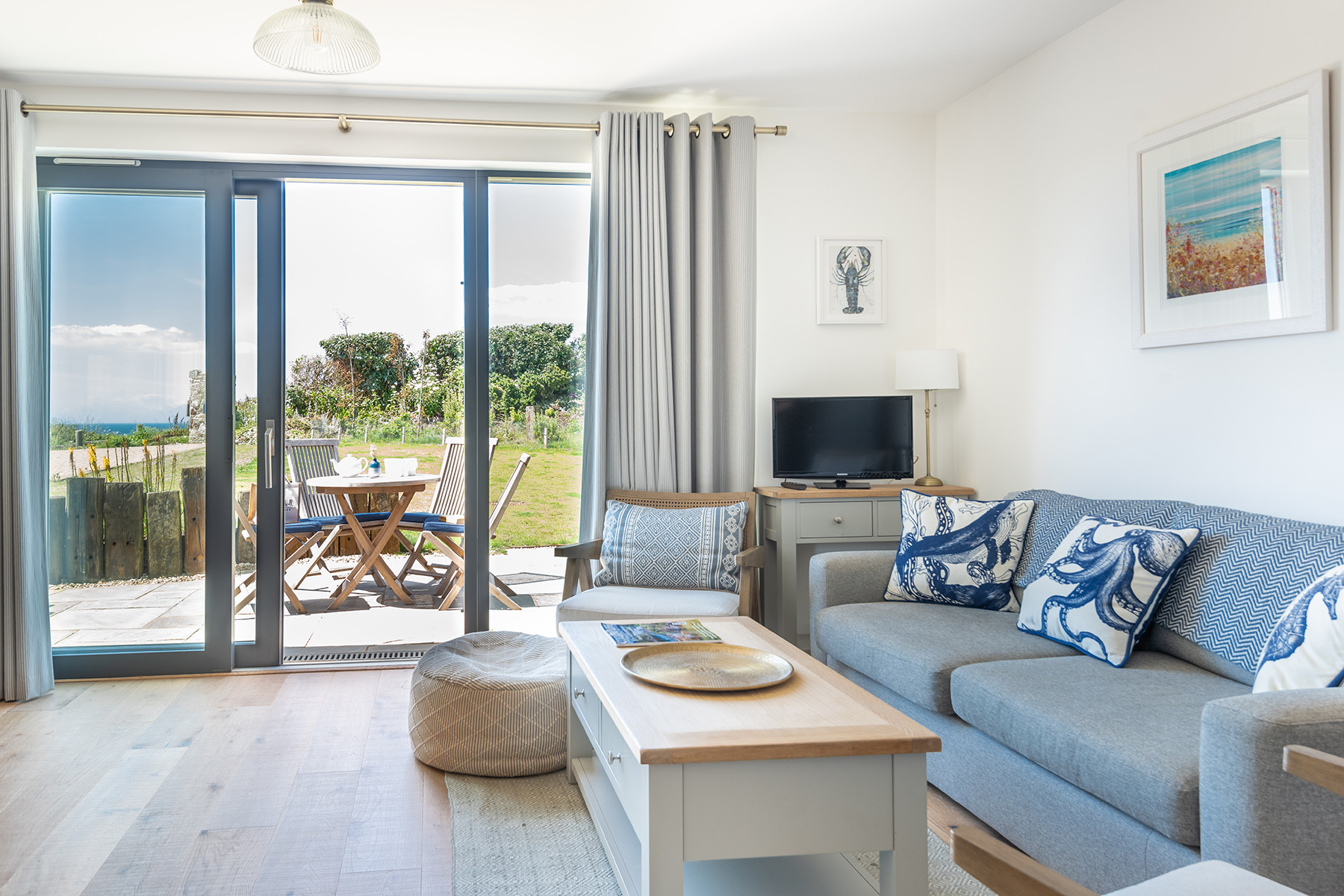 Doors lead to the sunny patio