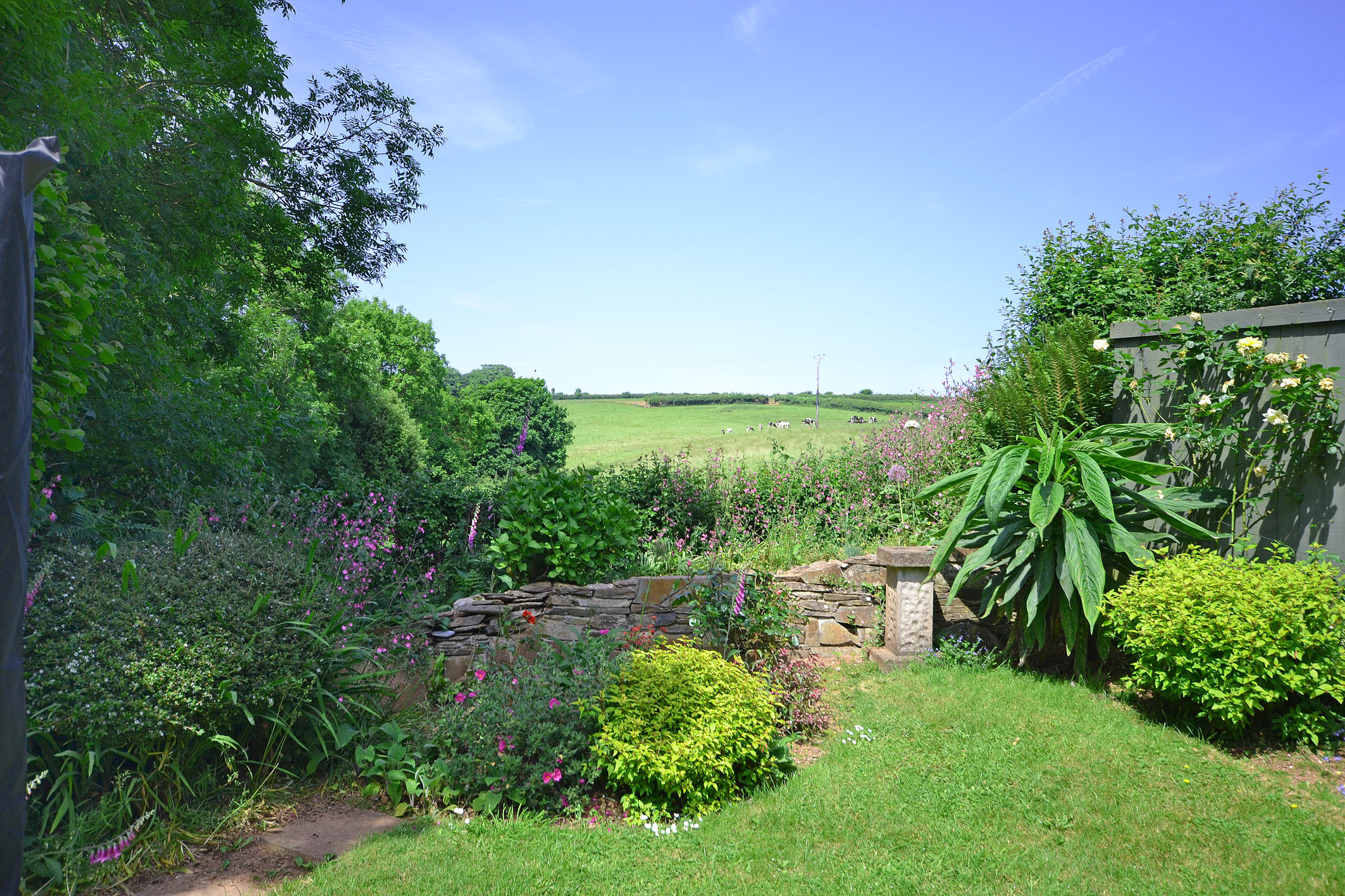 The pretty garden looks out to fields beyond in the pretty village of Chillington, South Devon