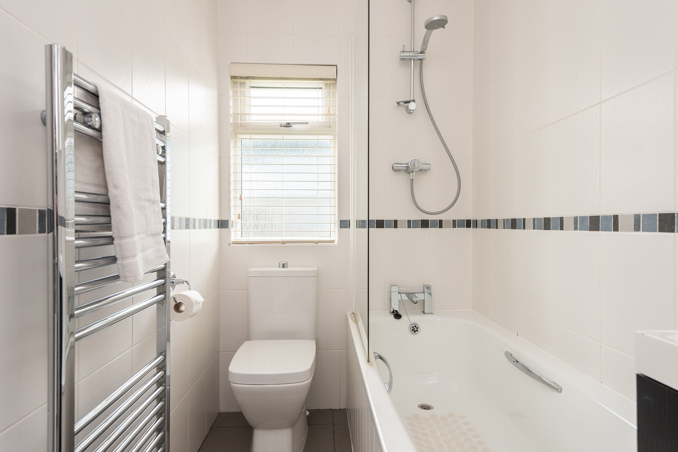 The family bathroom  with overhead shower.